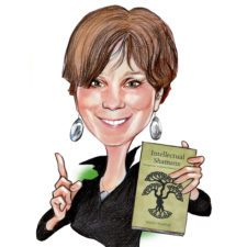 Caricature of woman holding a book.