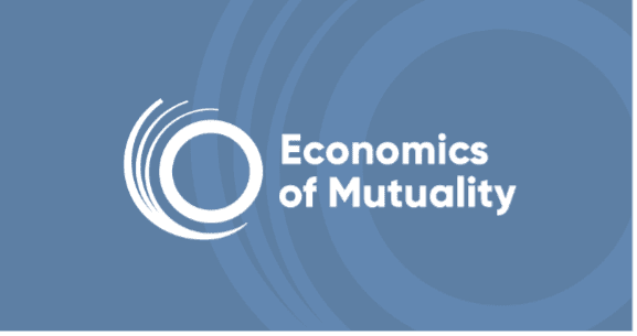 Logo of Economics of Mutuality with blue circular design.