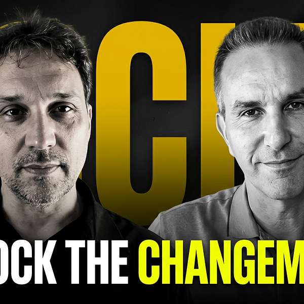 Two men with bold text background.