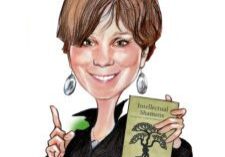 Caricature of woman holding a book.