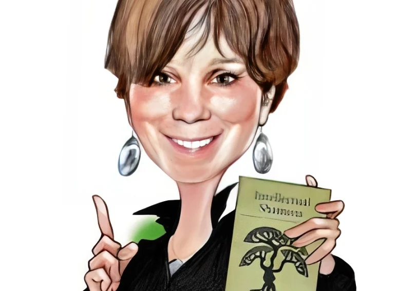 Caricature of woman holding a book.