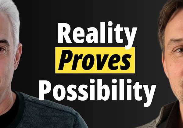 Two men with text 'Reality Proves Possibility' between them on a black background.