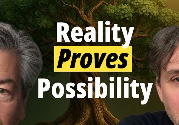 Two men with a tree and text about reality proving possibility.