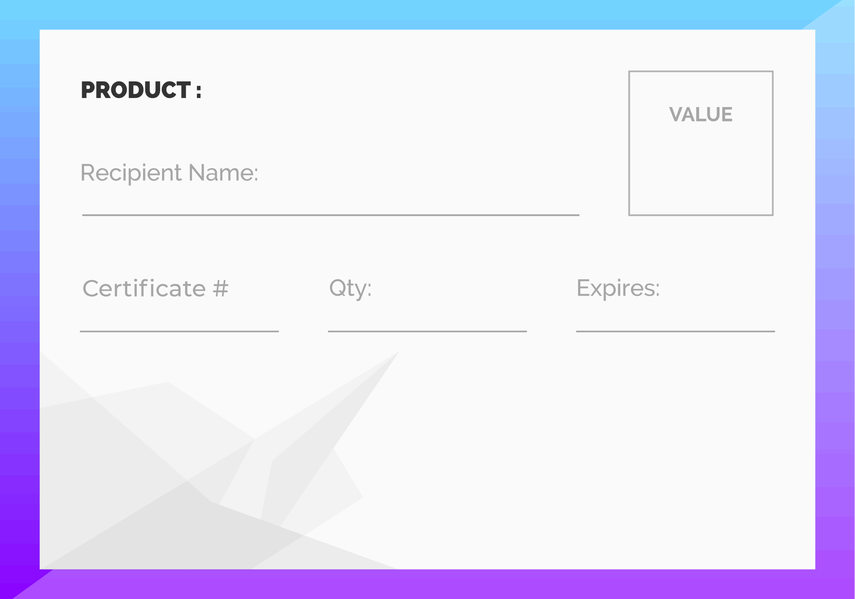 Gift certificate template with recipient details form.