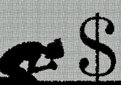 Person worshiping a large dollar sign.