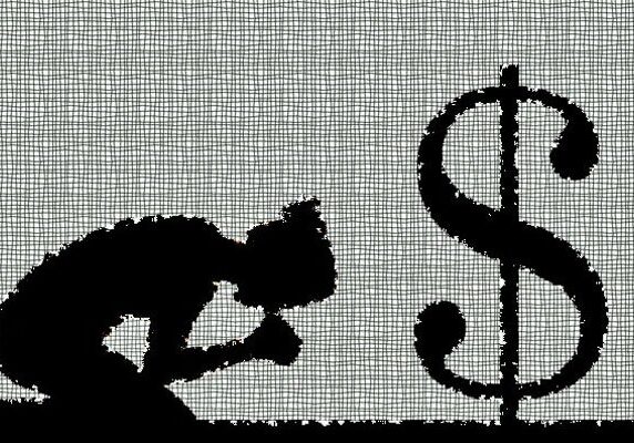 Person worshiping a large dollar sign.