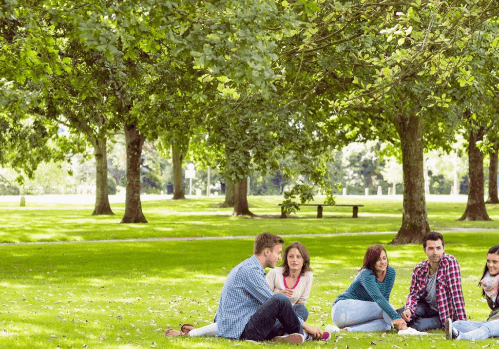 Group sitting on grass in a park.