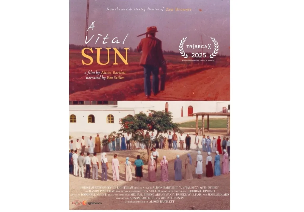 Poster for the film "Litera Sun" showing a person overlooking a crowd at sunrise.