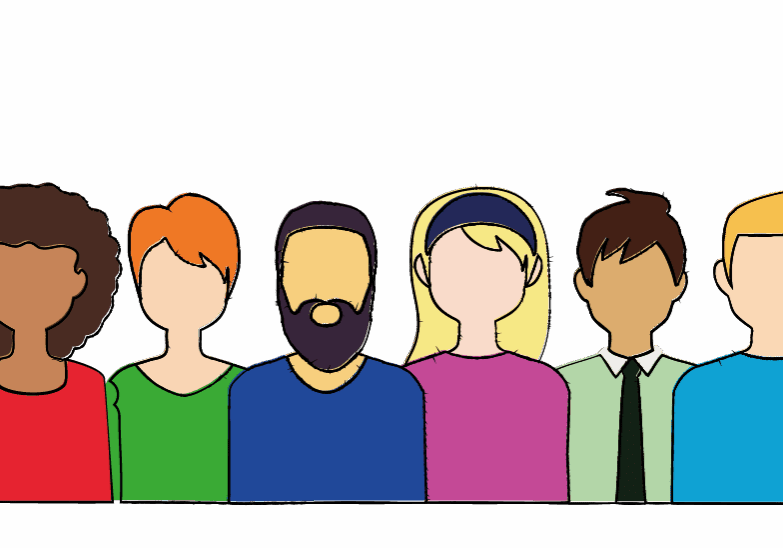 Illustrated diverse group of six faceless people.